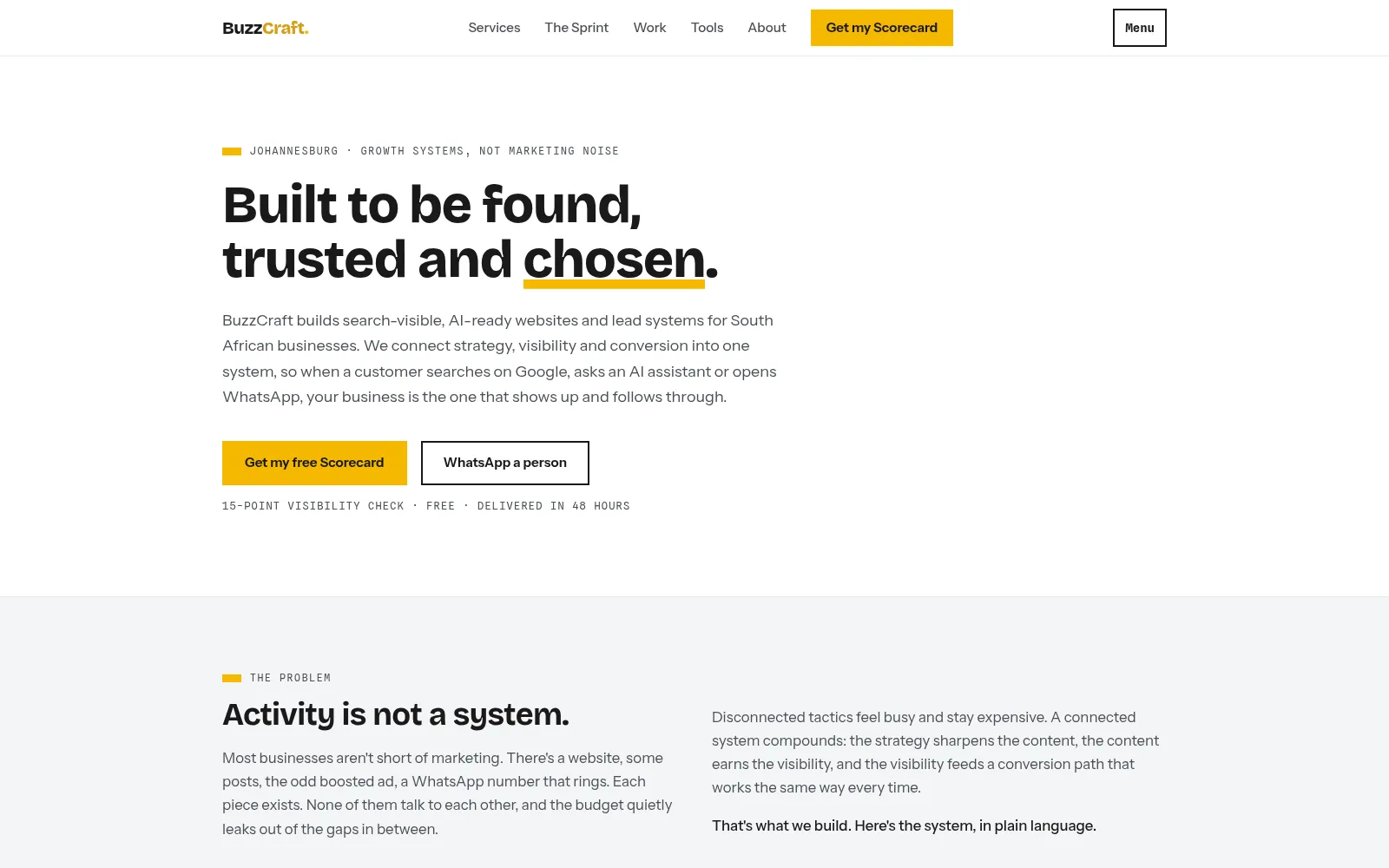 BuzzCraft website hero with the headline Built to be found, trusted and chosen