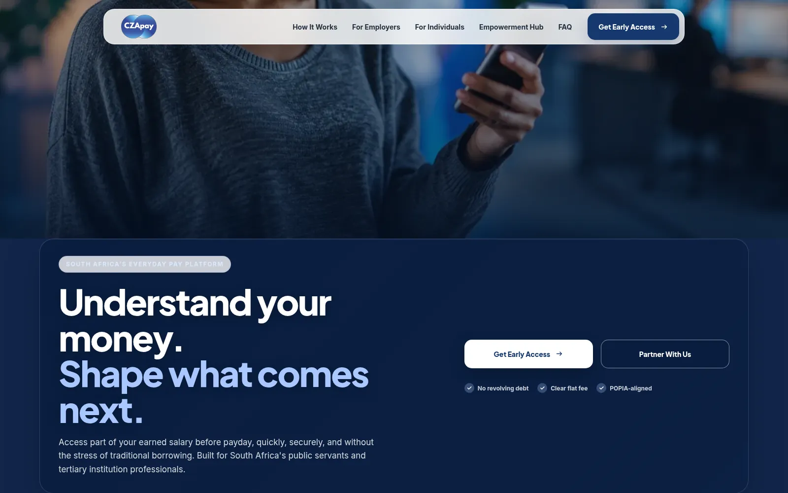 CZApay website hero with the headline Understand your money. Shape what comes next.