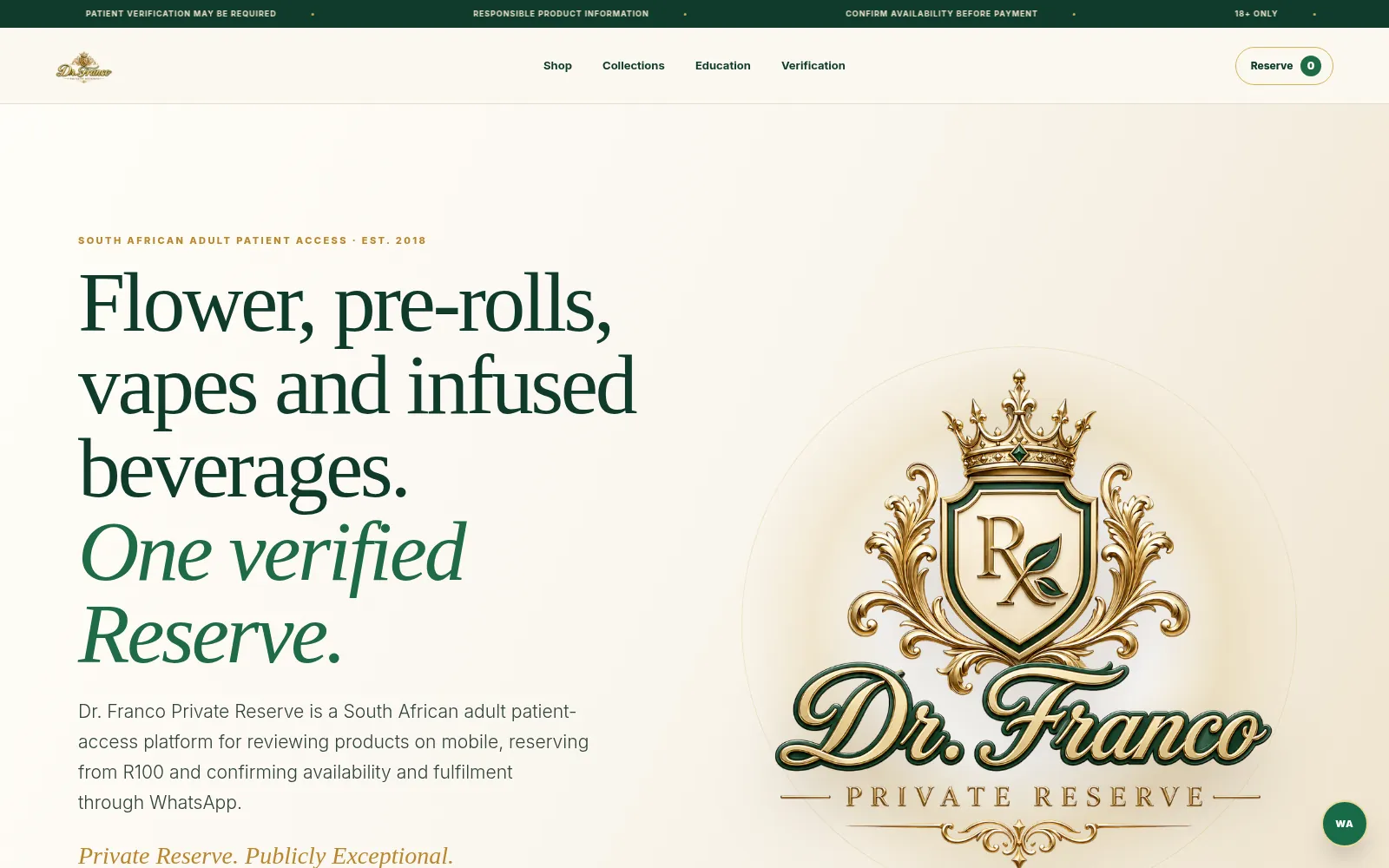 Dr. Franco Private Reserve website hero with the headline Flower, pre-rolls, vapes and infused beverages. One verified Reserve, beside the gold Dr. Franco crest
