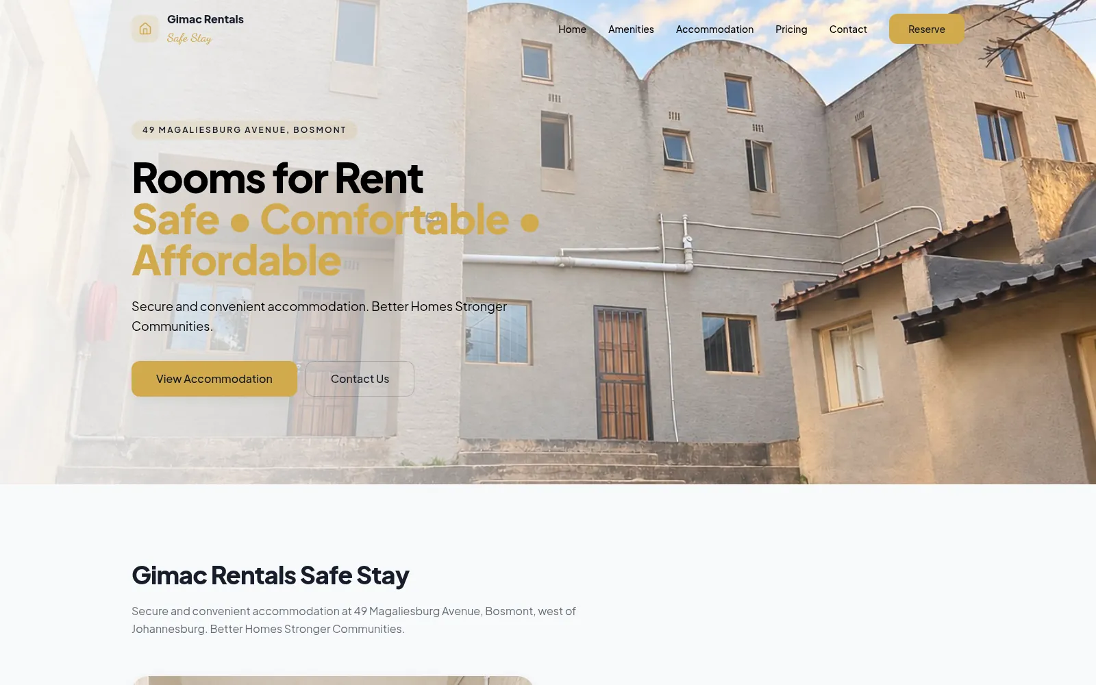 Gimac Rentals Safe Stay website hero with the headline Rooms for Rent, safe, comfortable, affordable