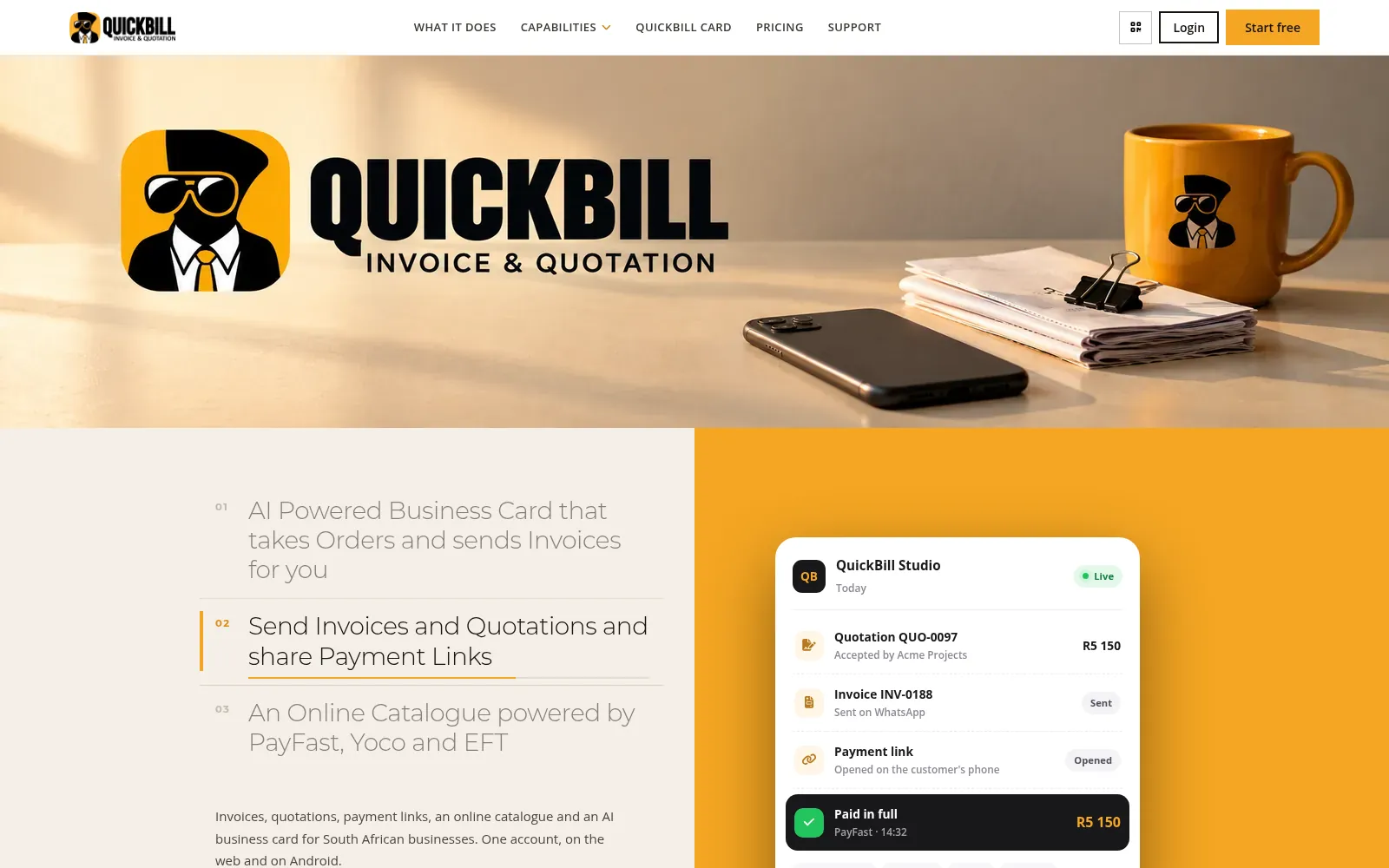 QuickBill Invoice and Quotation website hero with the QuickBill mascot logo