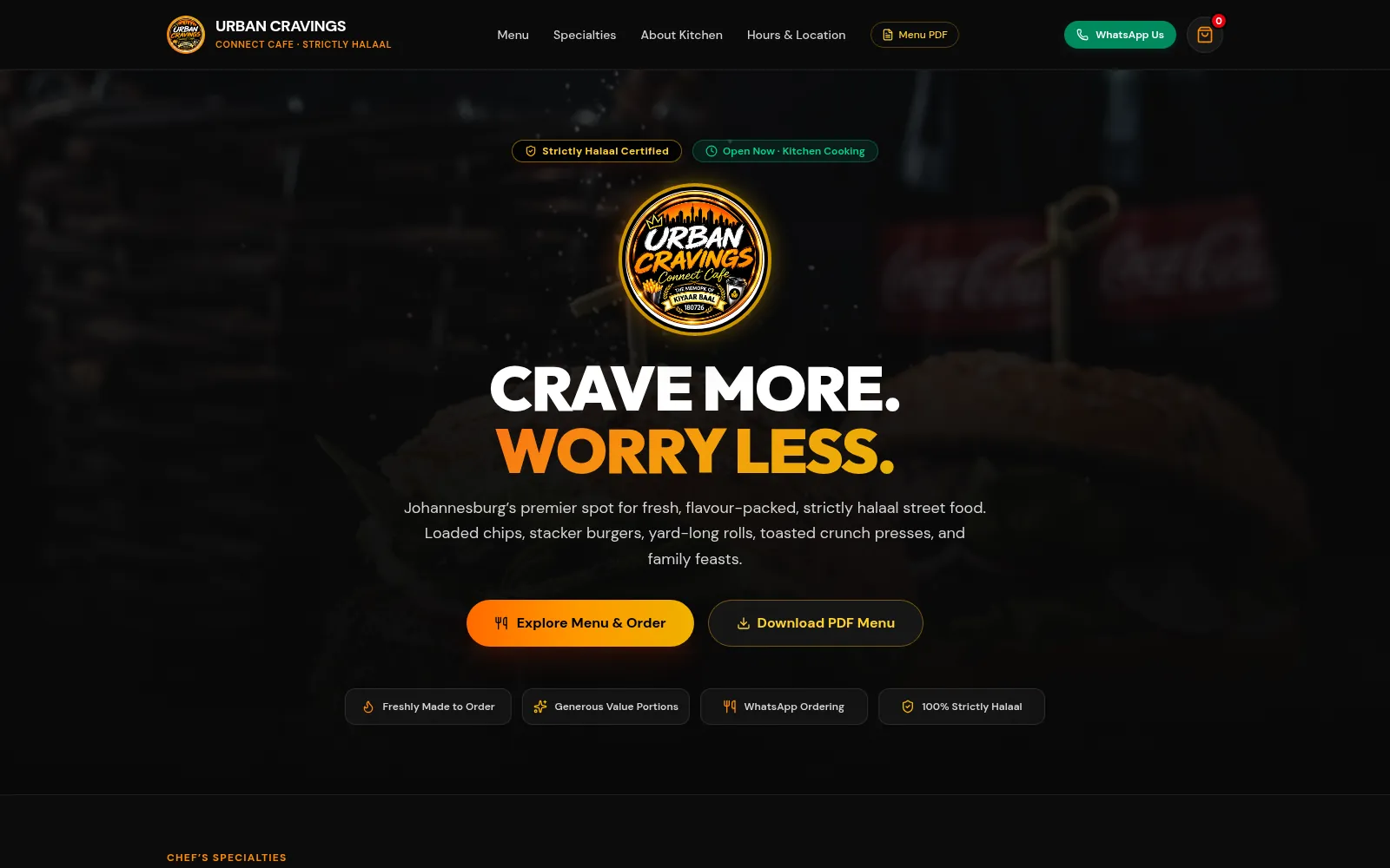 Urban Cravings Connect Cafe homepage on desktop